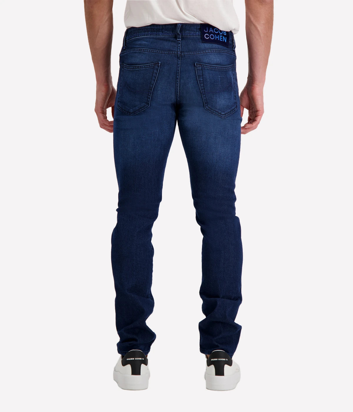 Back view of Jacob Cohen Nick 5-Pocket Jeans with a mid-rise waist, signature suede logo patch, and premium denim craftsmanship.