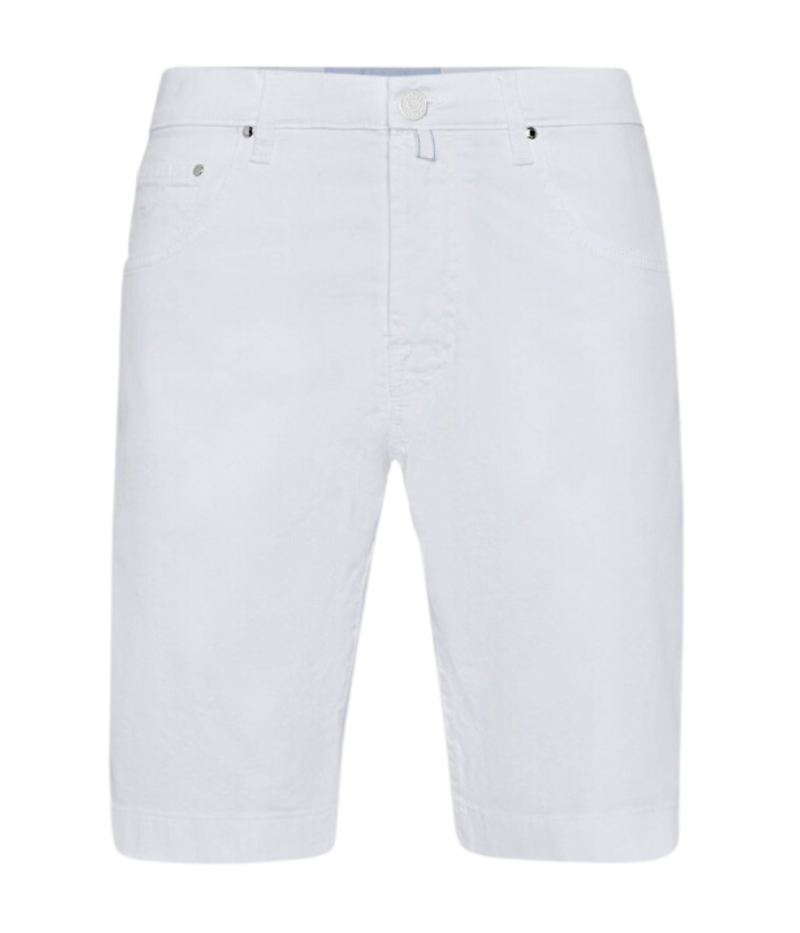 White slim-fit bermuda shorts by Jacob Cohen, made from stretch-cotton and Lyocell diagonal twill with a low-rise fit, five-pocket style, logo embroidery on the coin pocket, and calf-hair back patch with eco-friendly leather logo. Finished with a paisley-print bandana.