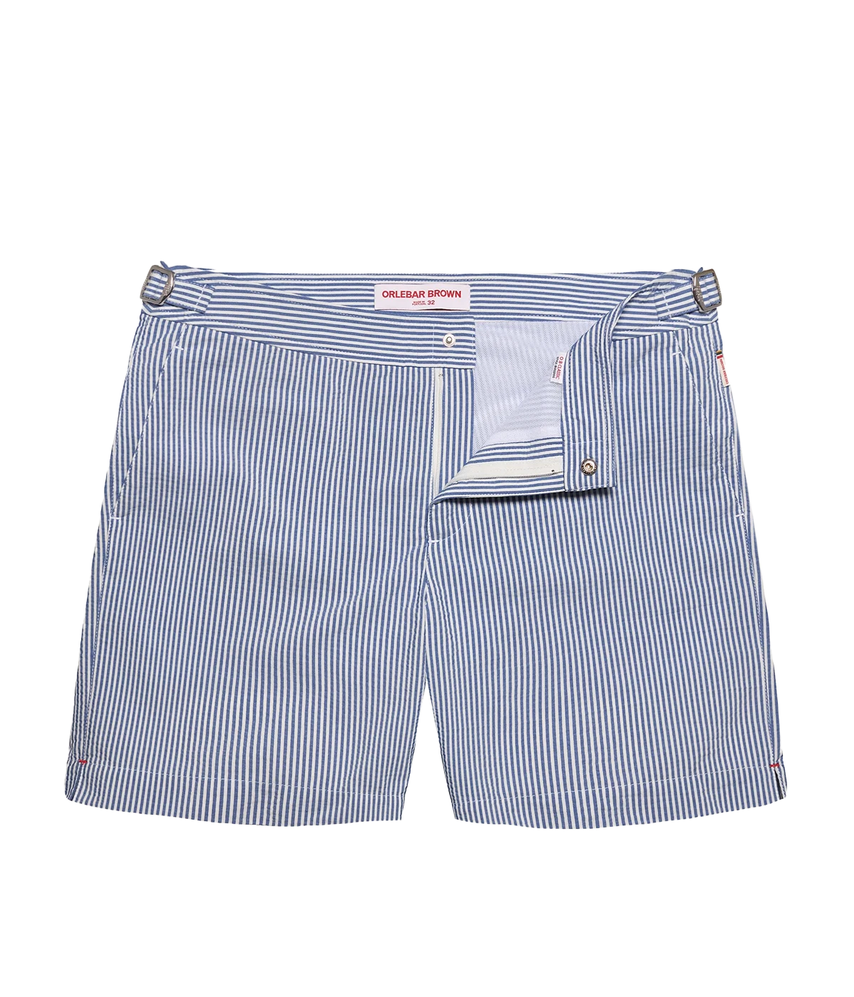 Orlebar Brown Bulldog Seersucker Stripe Shorts in Nova Blue & White Stripe with a tailored mid-length fit and lightweight seersucker fabric - Product Shot