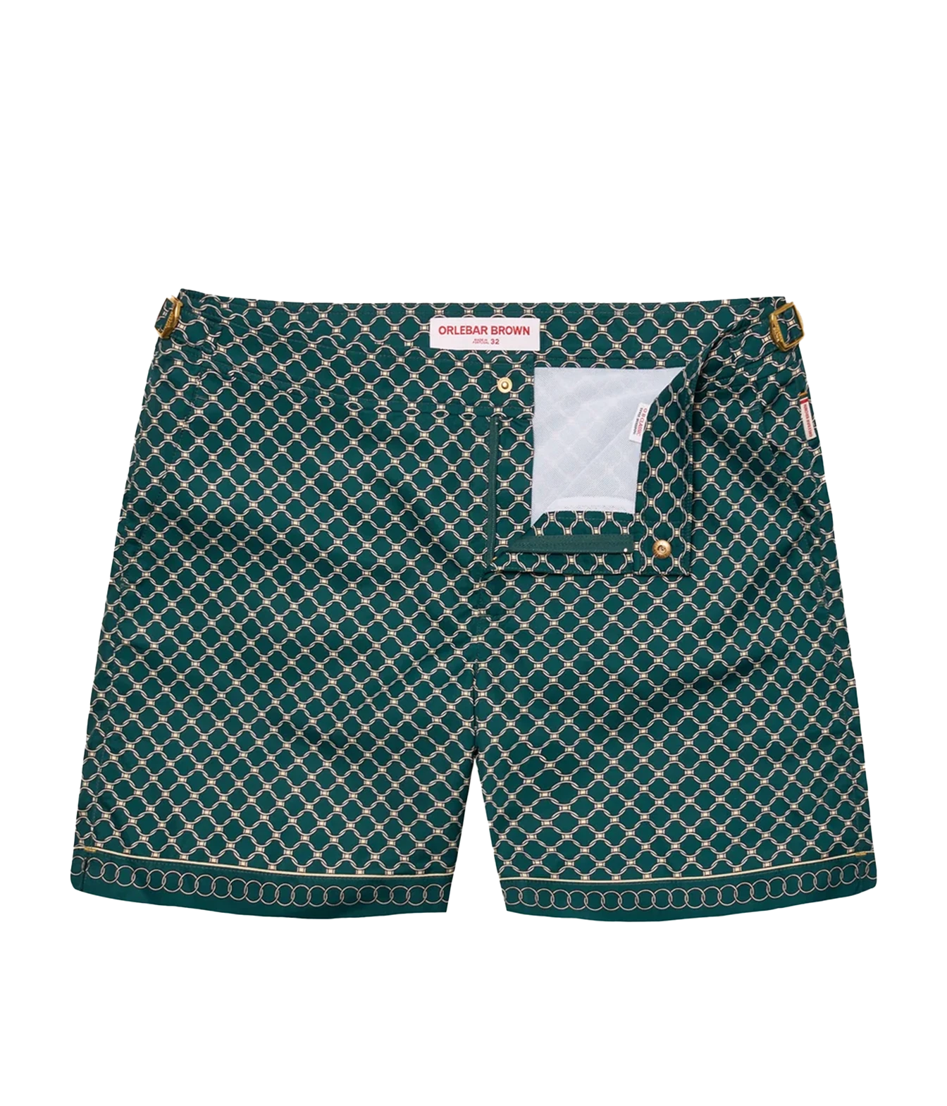 A pair of dark green and white patterned shorts with gold-tone hardware, displayed flat against a white background. The brand label 'CHIKULAK BROWN' is visible inside the waistband.