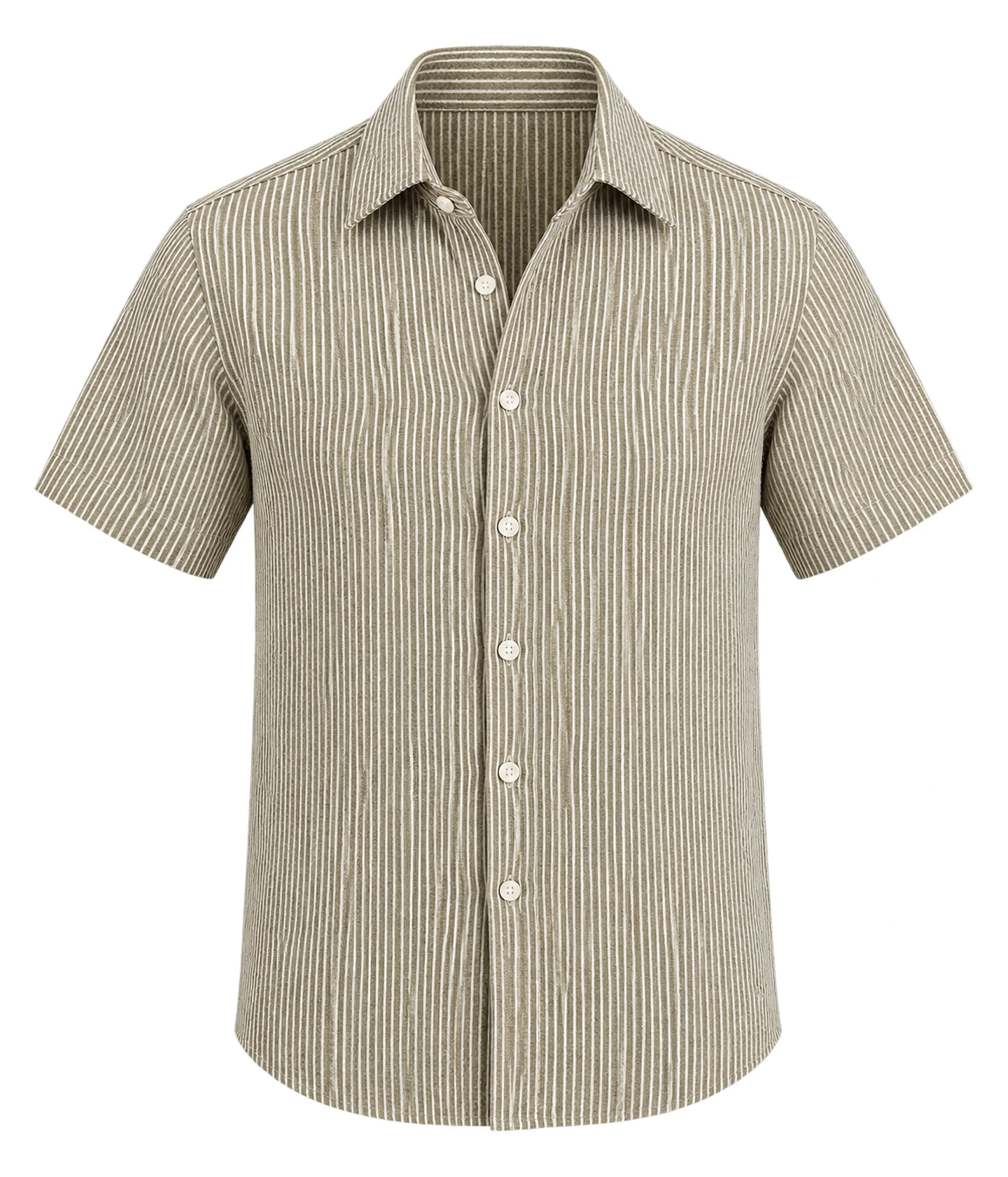 Front product view of Linen Short Sleeve Shirt in Olive and White Stripe