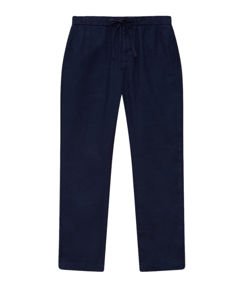 Frescobol Carioca Oscar Trousers in a slim fit design made from a cotton-linen blend. Featuring a sophisticated tapered leg, drawstring waist for comfort, and a zipper closure. The versatile trousers offer an elevated yet easy everyday style. Made in Portugal.