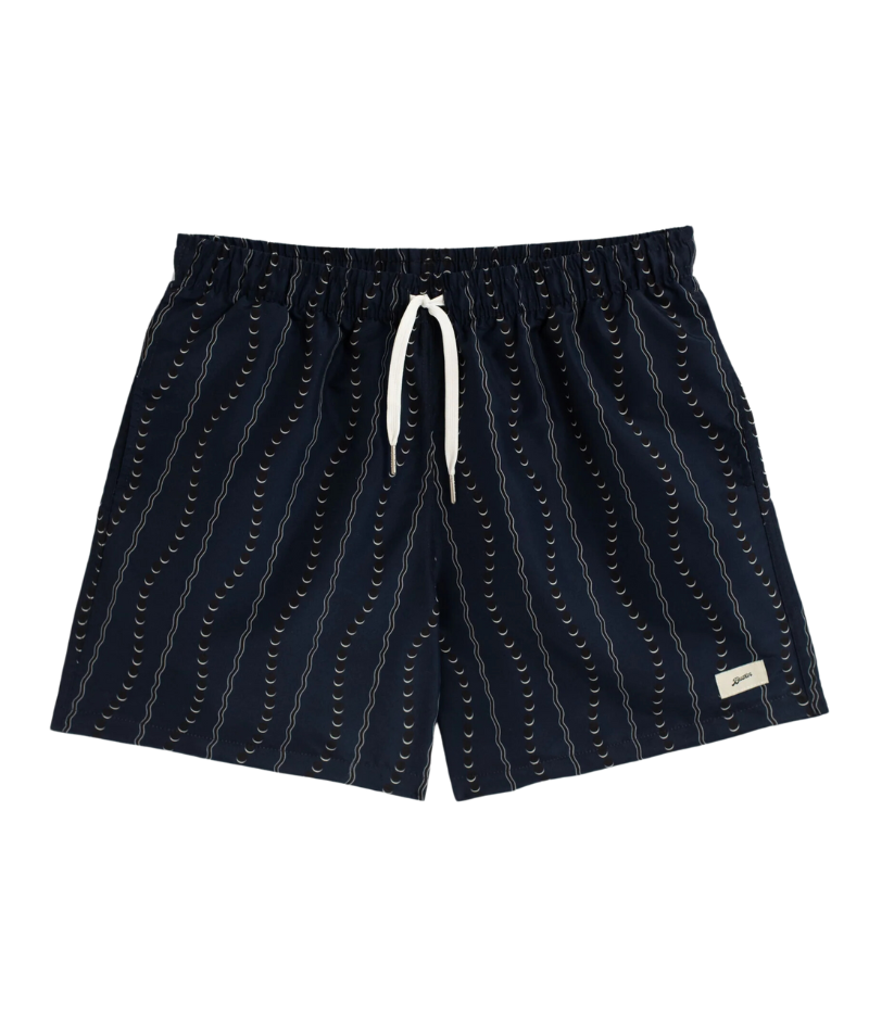Navy swim trunks with an ocean-inspired stripe pattern by Bather. Made from 100% recycled quick-dry polyester, featuring reinforced side pockets, a snap-closure back pocket, and soft mesh lining for ultimate comfort. Perfect for beach days or poolside lounging.