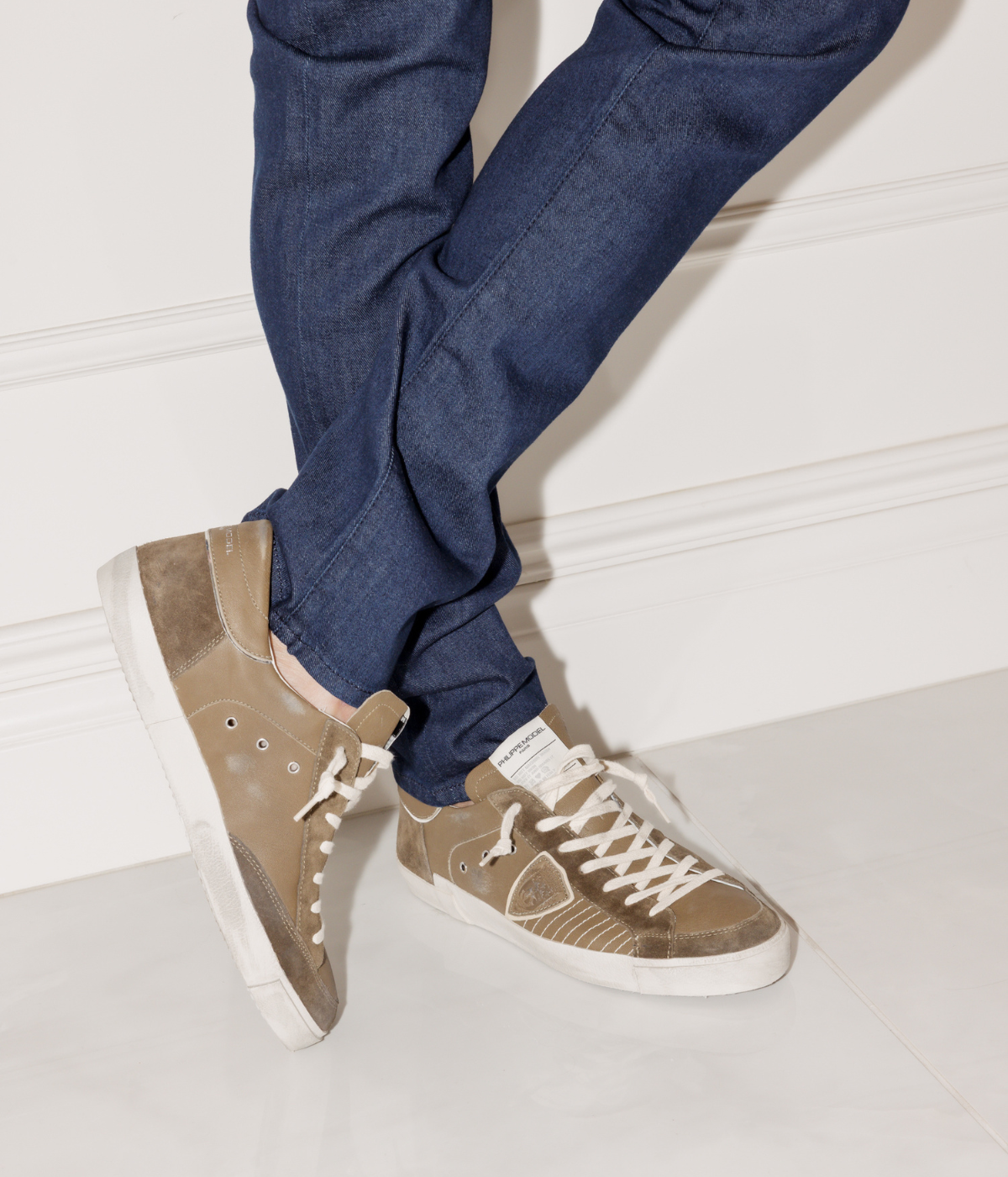 Philippe Model PRSX men’s sneakers in distressed suede and leather with contrasting panels, vintage-inspired Italian designer sneakers featuring signature hand-weathered finish, removable memory foam insole, and lightweight rubber sole.