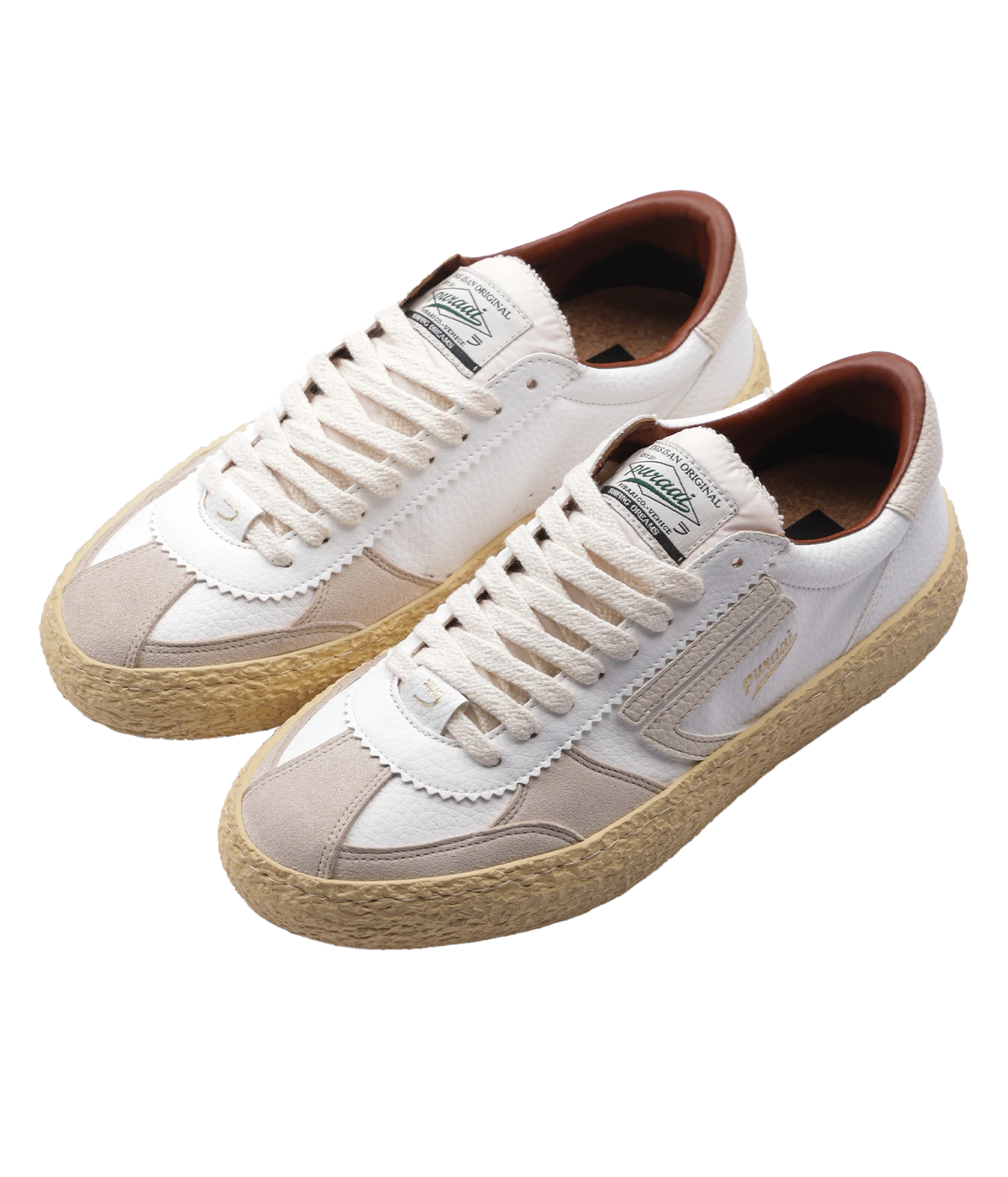 A pair of low-top sneakers with white and beige panels, white laces, brown interiors, and thick braided jute soles, shown on a plain white background.