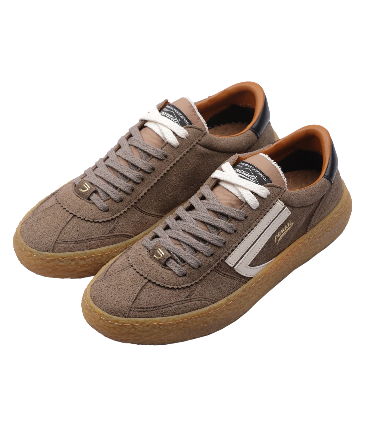 A pair of low-top sneakers in brown and canvas, featuring white laces, a white side stripe, a tan gum sole, and a black heel tab. The brand name "Puraai" is visible on the side stripe and tongue label.