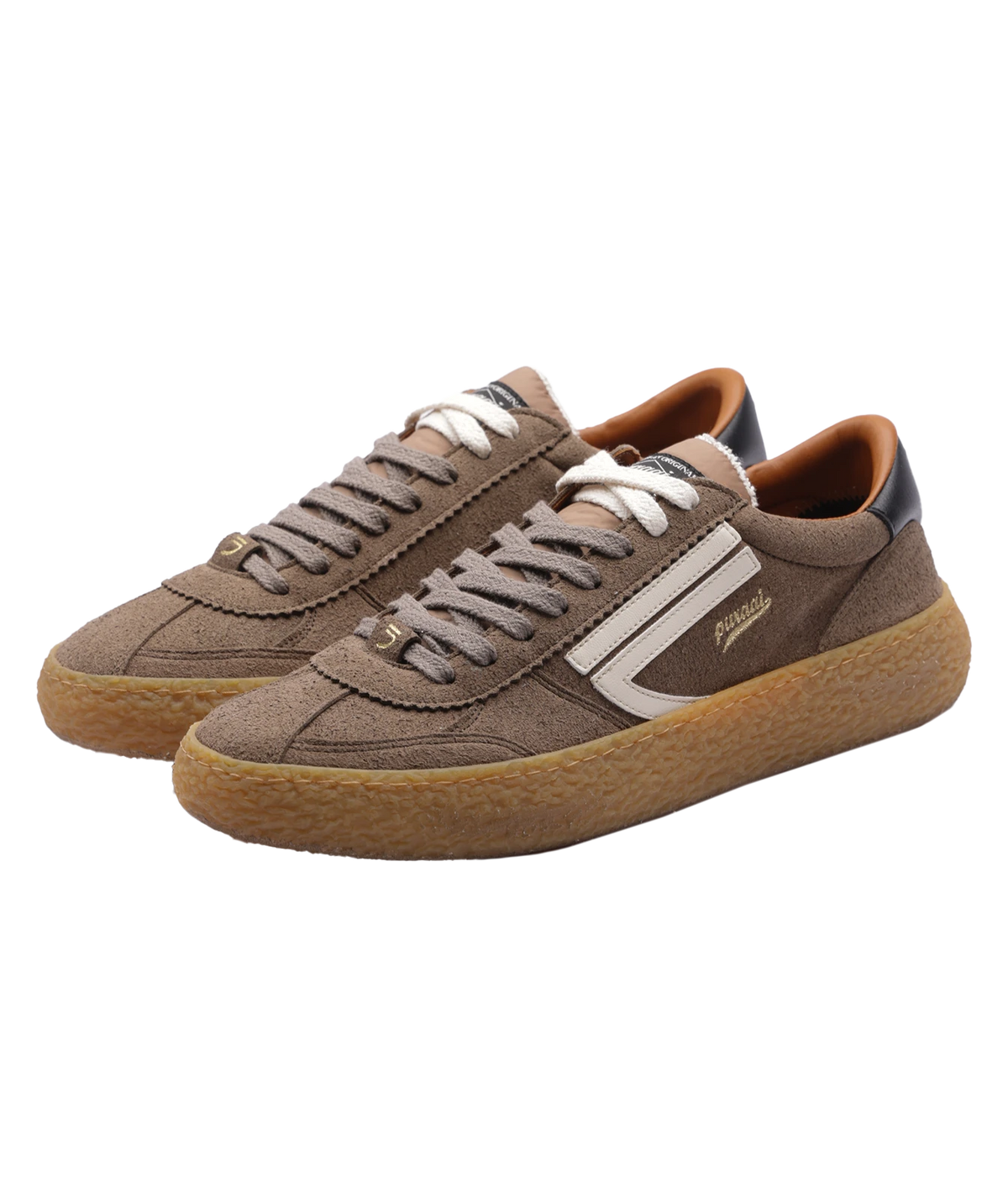A pair of brown low-top sneakers with white laces, a white side stripe, and a gum sole, shown on a plain white background.