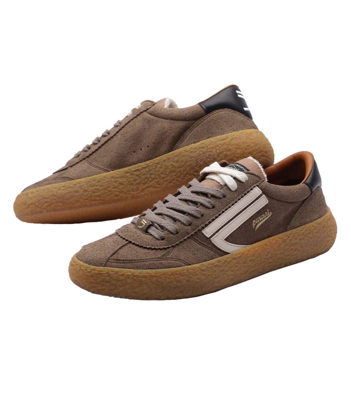 A pair of brown low-top sneakers with textured gum soles, white side stripes, and black heel tabs, shown on a plain white background.