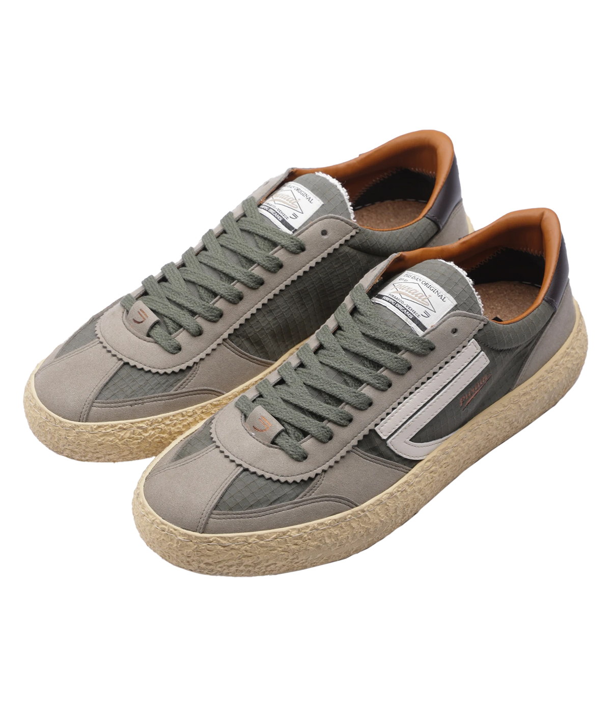 A pair of low-top sneakers in grey with olive green laces, a white side stripe, and beige textured soles, shown on a plain white background.