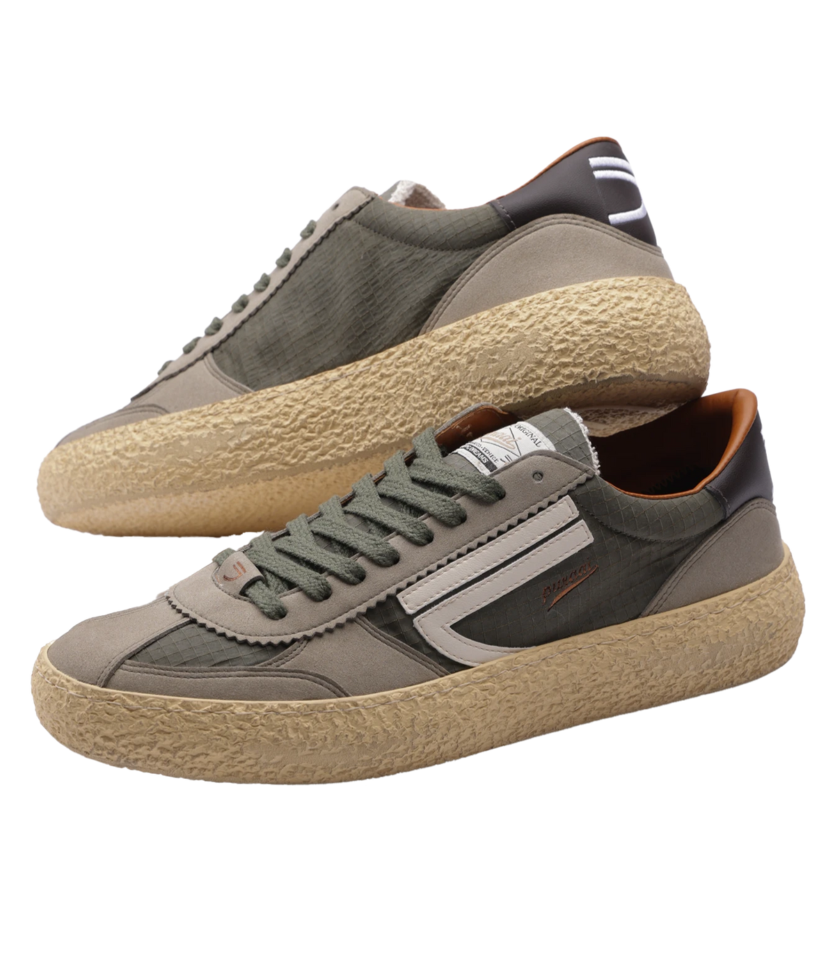 A pair of low-top sneakers in muted grey and olive tones with textured beige soles, shown on a plain white background.