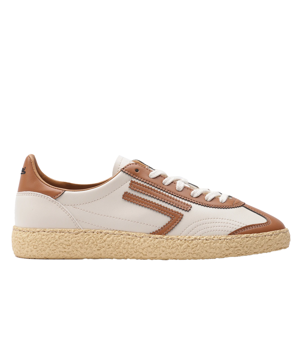 A low-top sneaker with an off-white upper, tan accents, white laces, and a textured beige jute-wrapped sole, shown in a side profile on a white background.