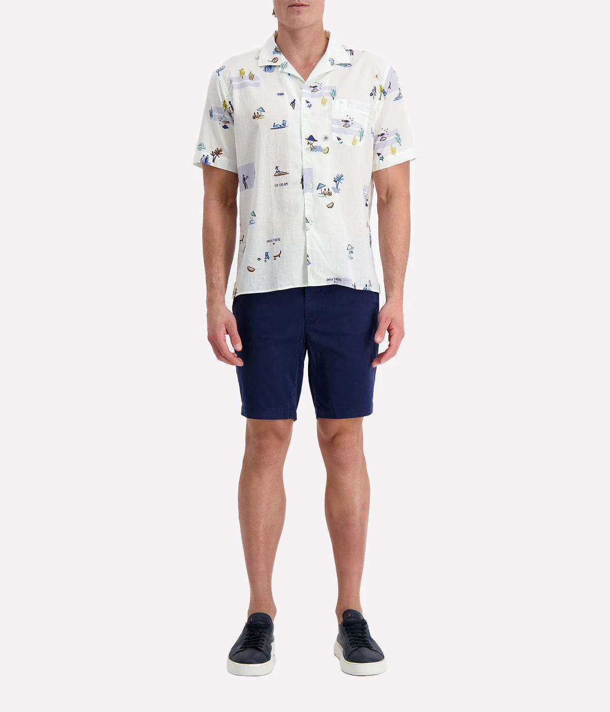 Hartford short-sleeve button-up shirt with a white base and playful beach-themed illustrations, featuring a chest pocket and relaxed fit, perfect for summer.