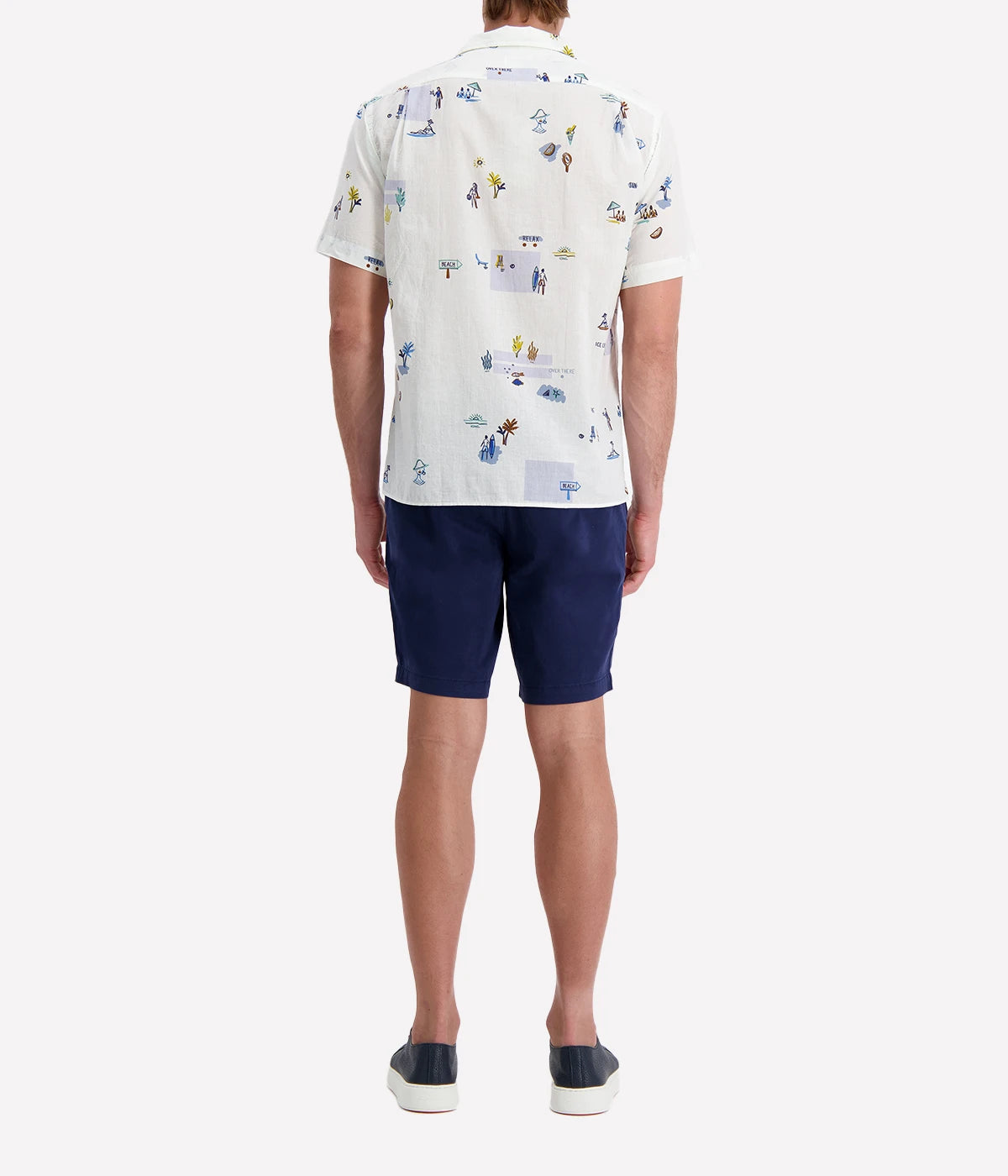 Hartford short-sleeve button-up shirt with a white base and playful beach-themed illustrations, featuring a chest pocket and relaxed fit, perfect for summer.