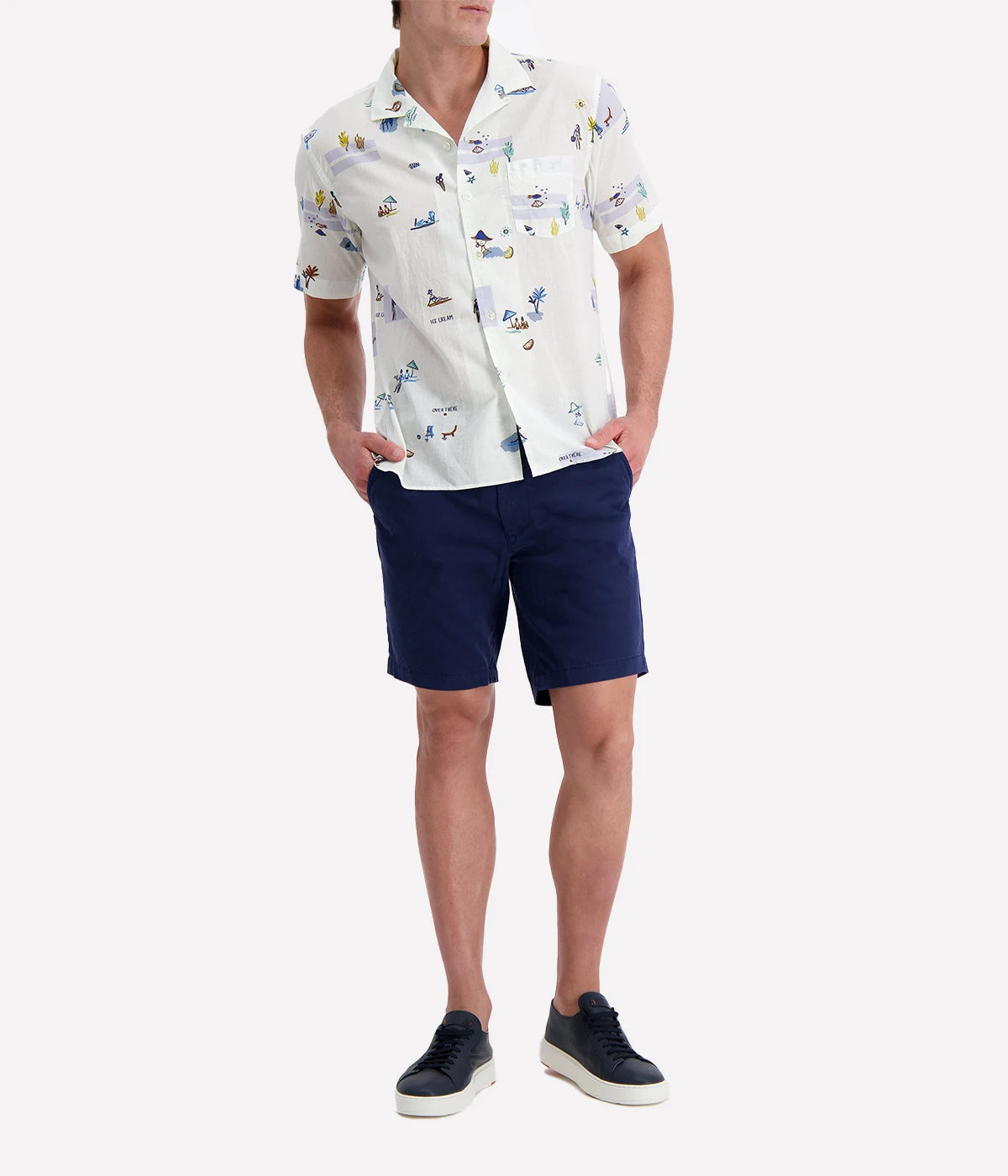 Hartford short-sleeve button-up shirt with a white base and playful beach-themed illustrations, featuring a chest pocket and relaxed fit, perfect for summer.