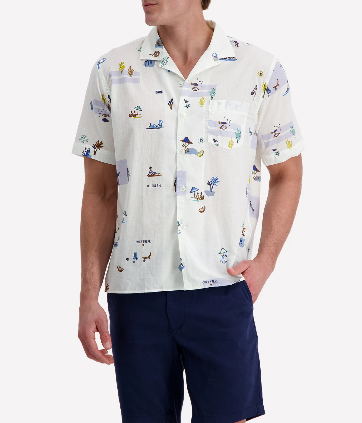 Hartford short-sleeve button-up shirt with a white base and playful beach-themed illustrations, featuring a chest pocket and relaxed fit, perfect for summer.
