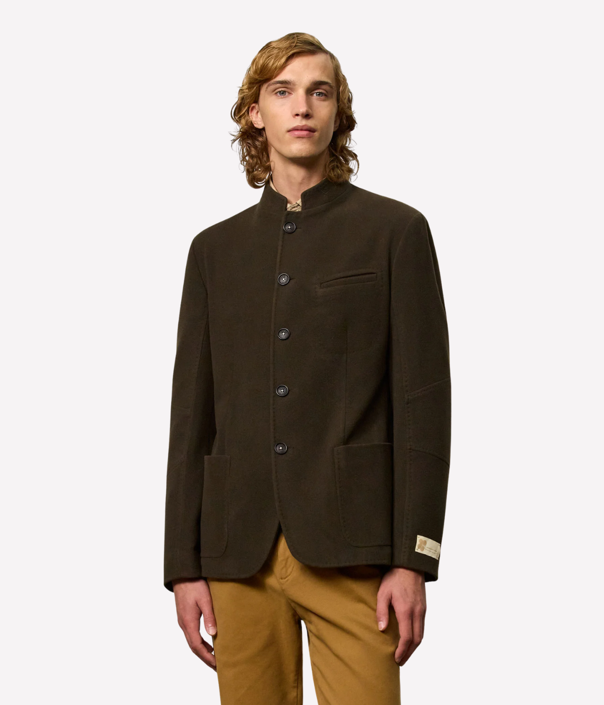 Military-inspired Massimo Alba wool jacket with guru collar, single-breasted, deconstructed unlined design, patch pockets, and dark horn buttons, Italian craftsmanship
