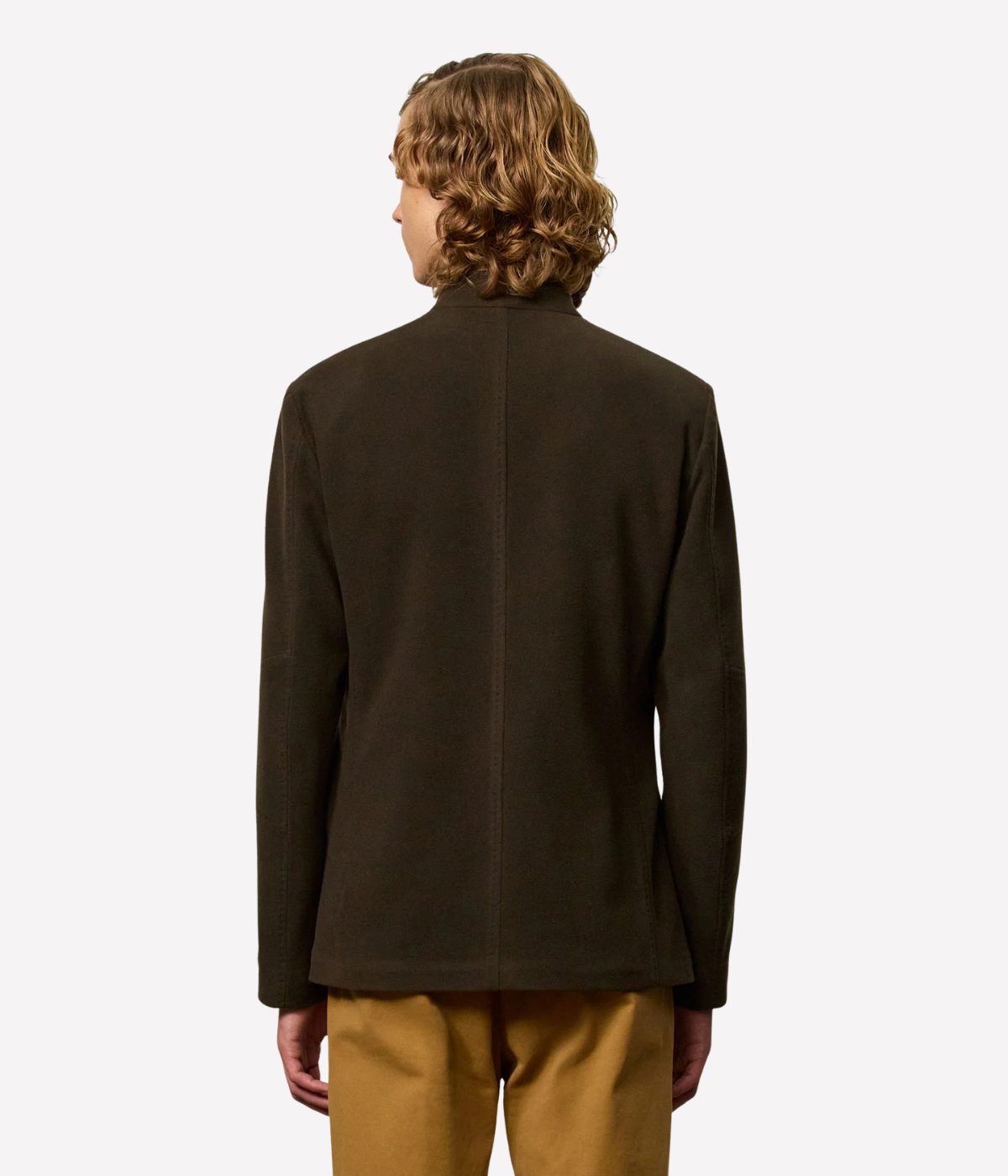 Military-inspired Massimo Alba wool jacket with guru collar, single-breasted, deconstructed unlined design, patch pockets, and dark horn buttons, Italian craftsmanship