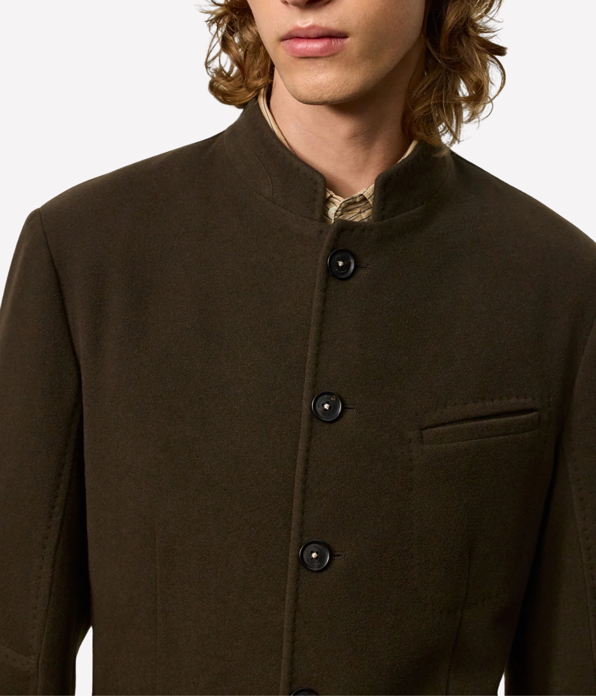 Military-inspired Massimo Alba wool jacket with guru collar, single-breasted, deconstructed unlined design, patch pockets, and dark horn buttons, Italian craftsmanship