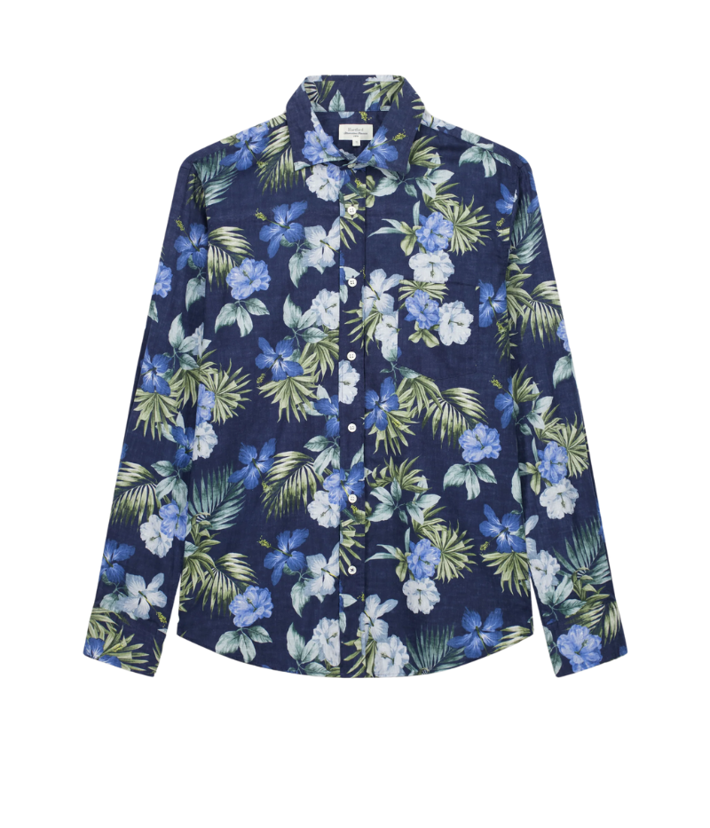 Hartford Paul shirt in Hawaiian print cotton voile with chest pocket, semi-Italian collar, and relaxed regular fit.