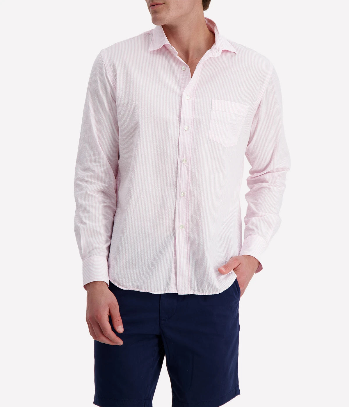 Men’s pink and white striped seersucker shirt with a regular fit, chest pocket, and slightly open collar for a breezy, polished look.