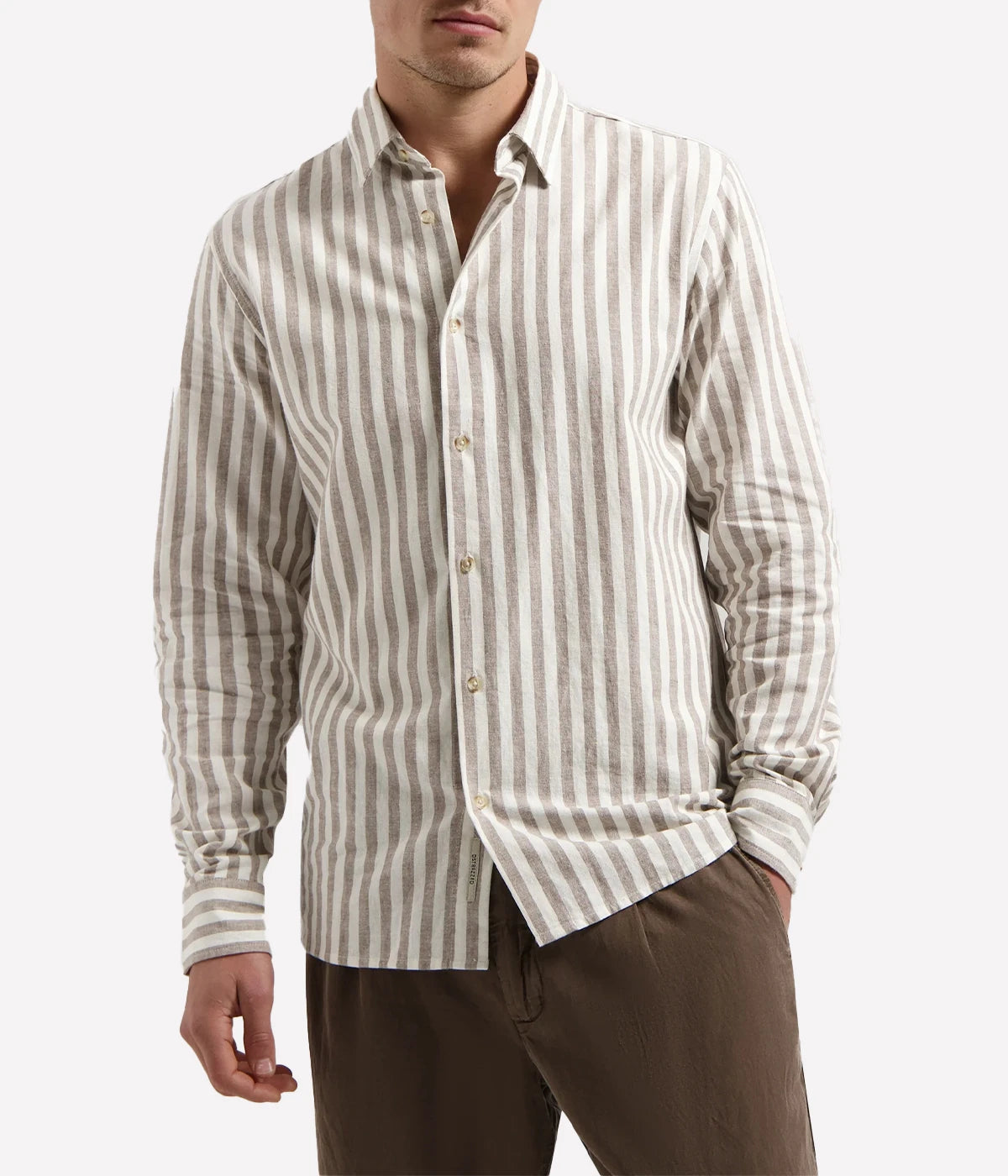 Men's linen-cotton striped summer shirt in neutral tones with button front and regular fit