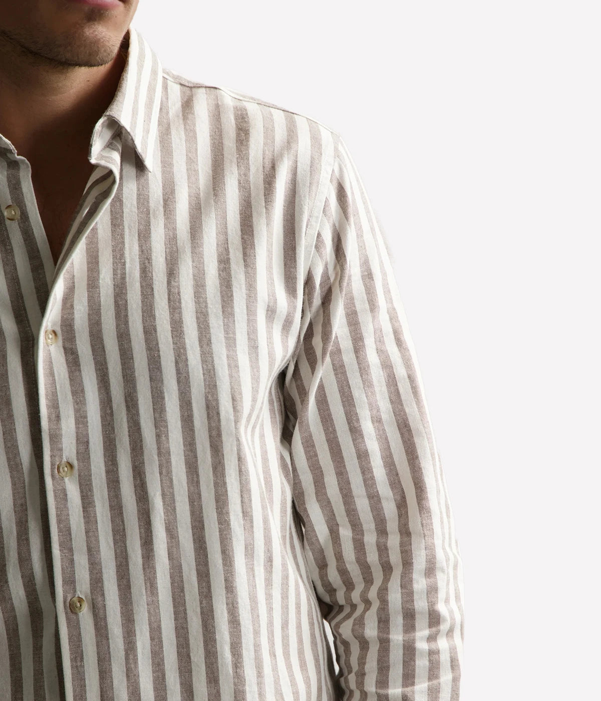 Men's linen-cotton striped summer shirt in neutral tones with button front and regular fit