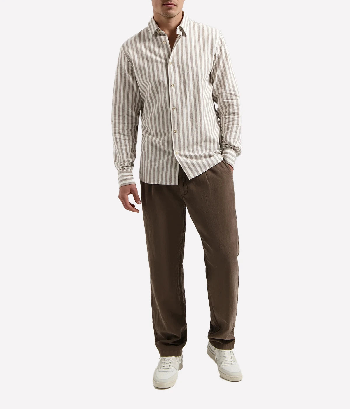 Men's linen-cotton striped summer shirt in neutral tones with button front and regular fit