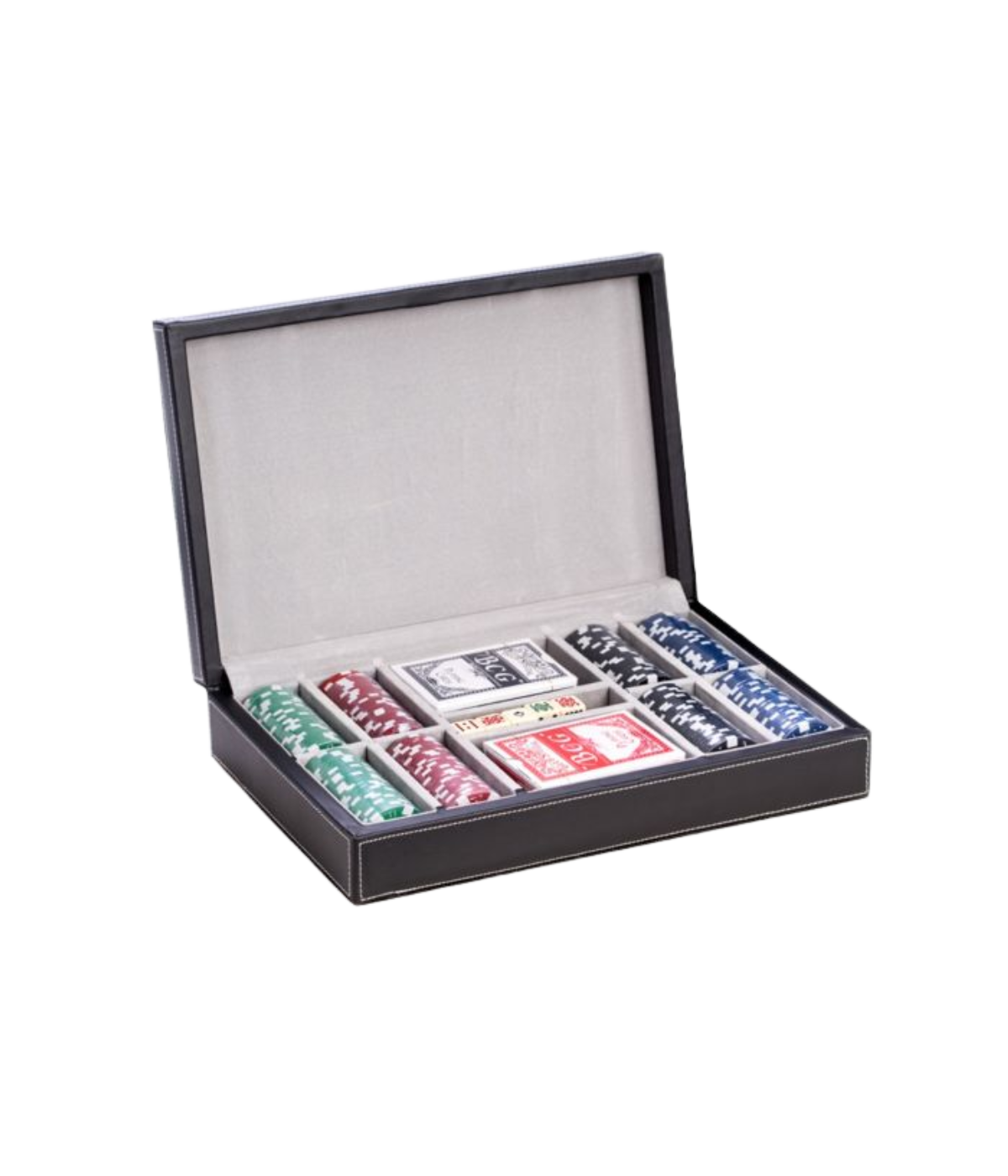 Complete poker set with 200 clay composite chips, two decks of cards, five poker dice in black leather case, perfect gift for men’s game rooms or offices.