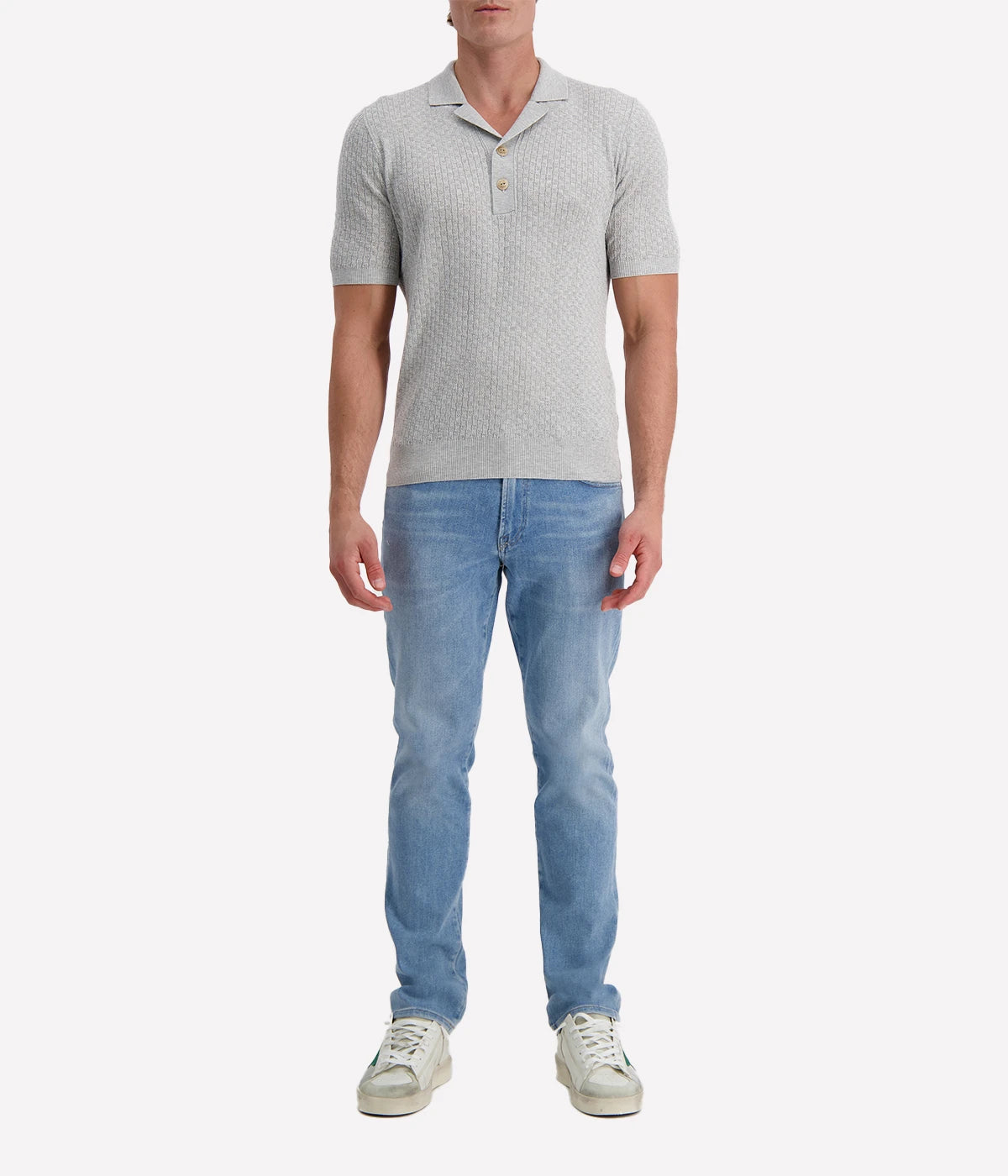 Eleventy light grey textured knit polo shirt with open collar and short sleeves, made in Italy from 100% cotton.