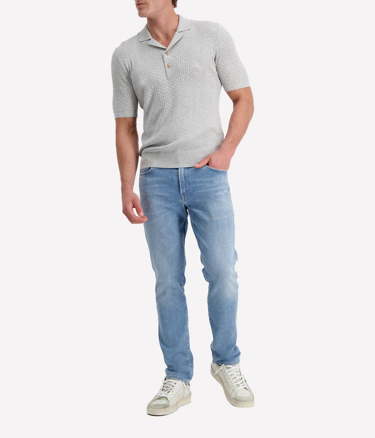 Eleventy light grey textured knit polo shirt with open collar and short sleeves, made in Italy from 100% cotton.