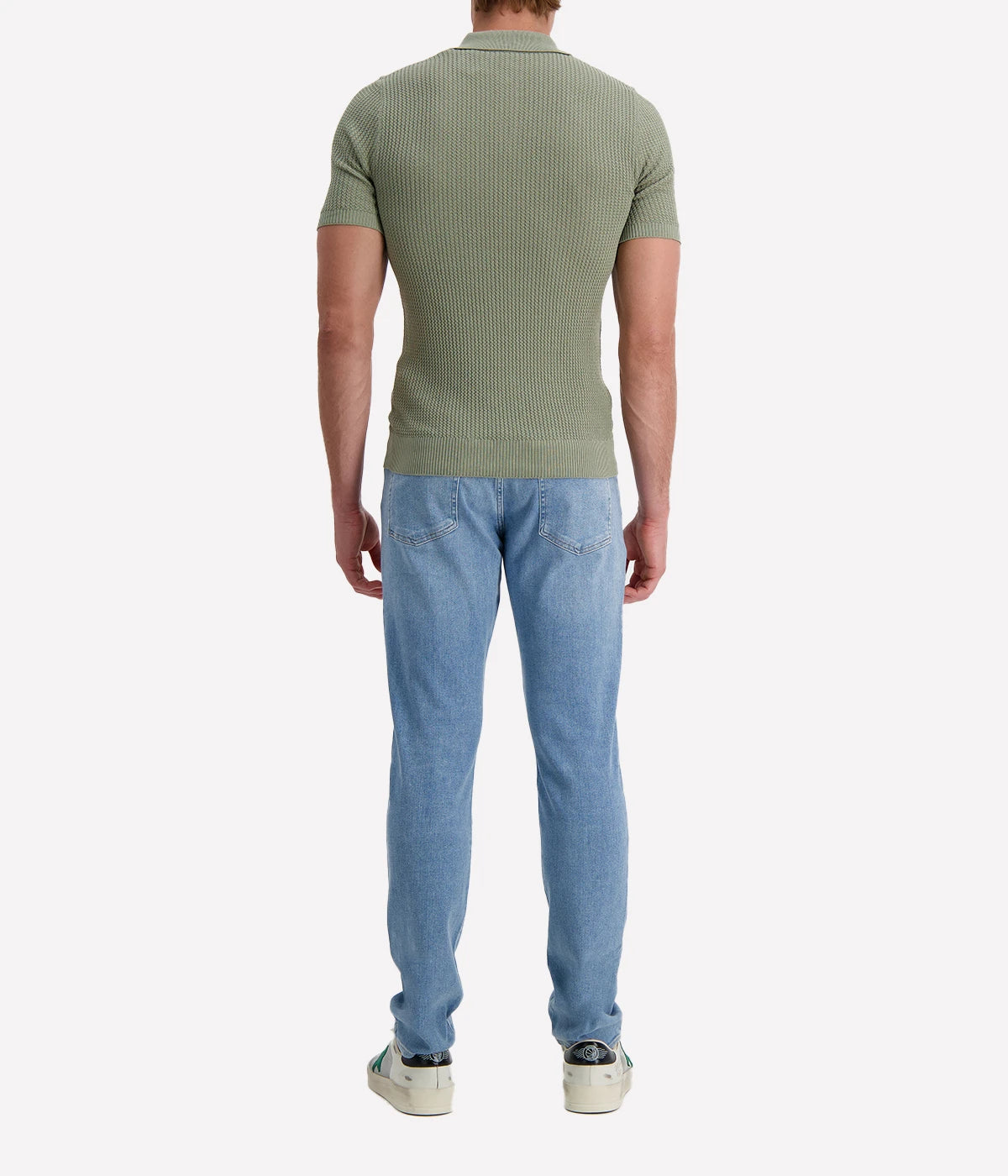 Eleventy sage green textured cotton polo shirt with short sleeves, half zip front, and ribbed trims, made in Italy.