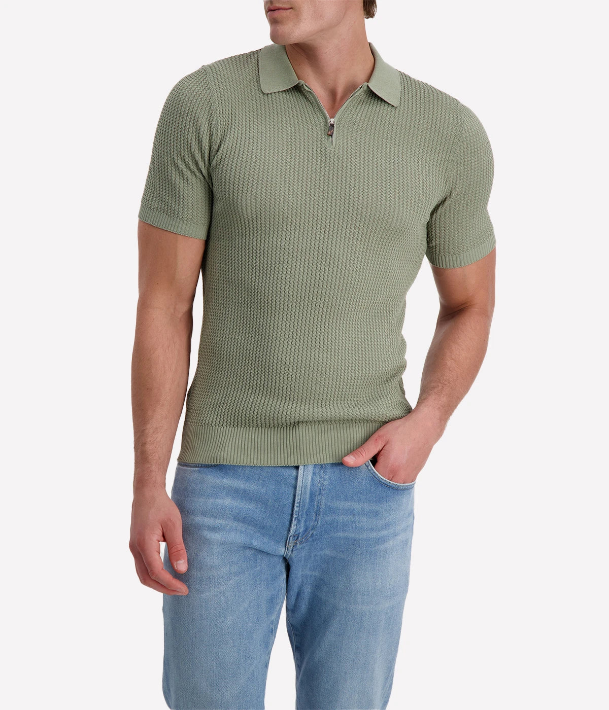Eleventy sage green textured cotton polo shirt with short sleeves, half zip front, and ribbed trims, made in Italy.
