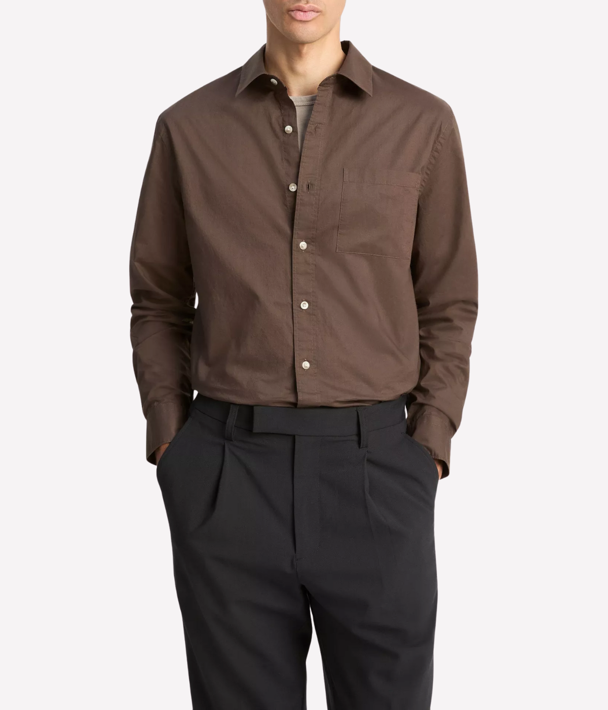 Poplin Long Sleeve Placket Shirt in Dark Brown