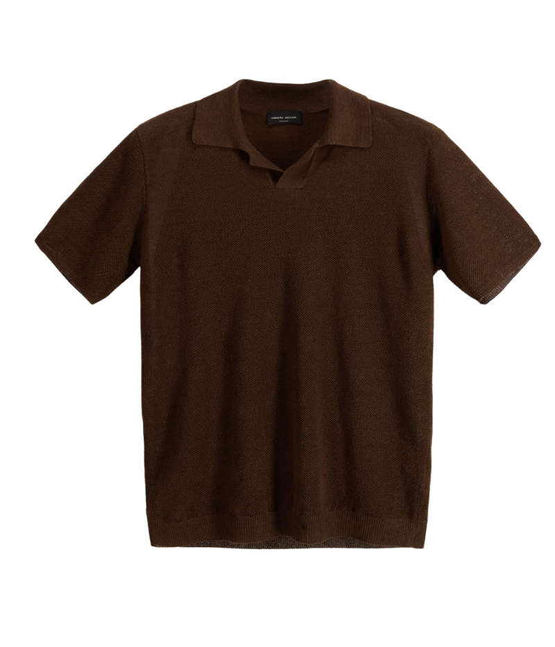 Roberto Collina linen buttonless polo shirt in piqué knit with ribbed trims, made in Italy.