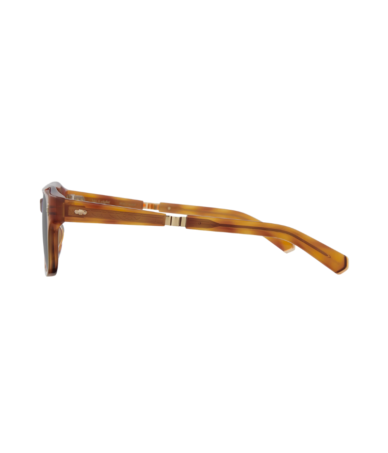 Profile shot of the Purveyor S sunglasses showcasing the triple hexagon plaque on the temple and metal temple tip, highlighting the sculpted frame and sleek lines.
