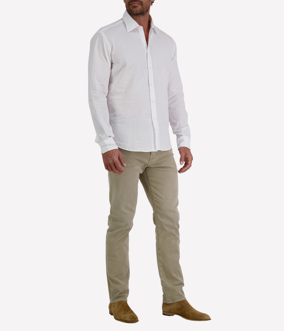 Men’s Osvaldo Trucchi white cotton seersucker shirt with regular fit and long sleeves.