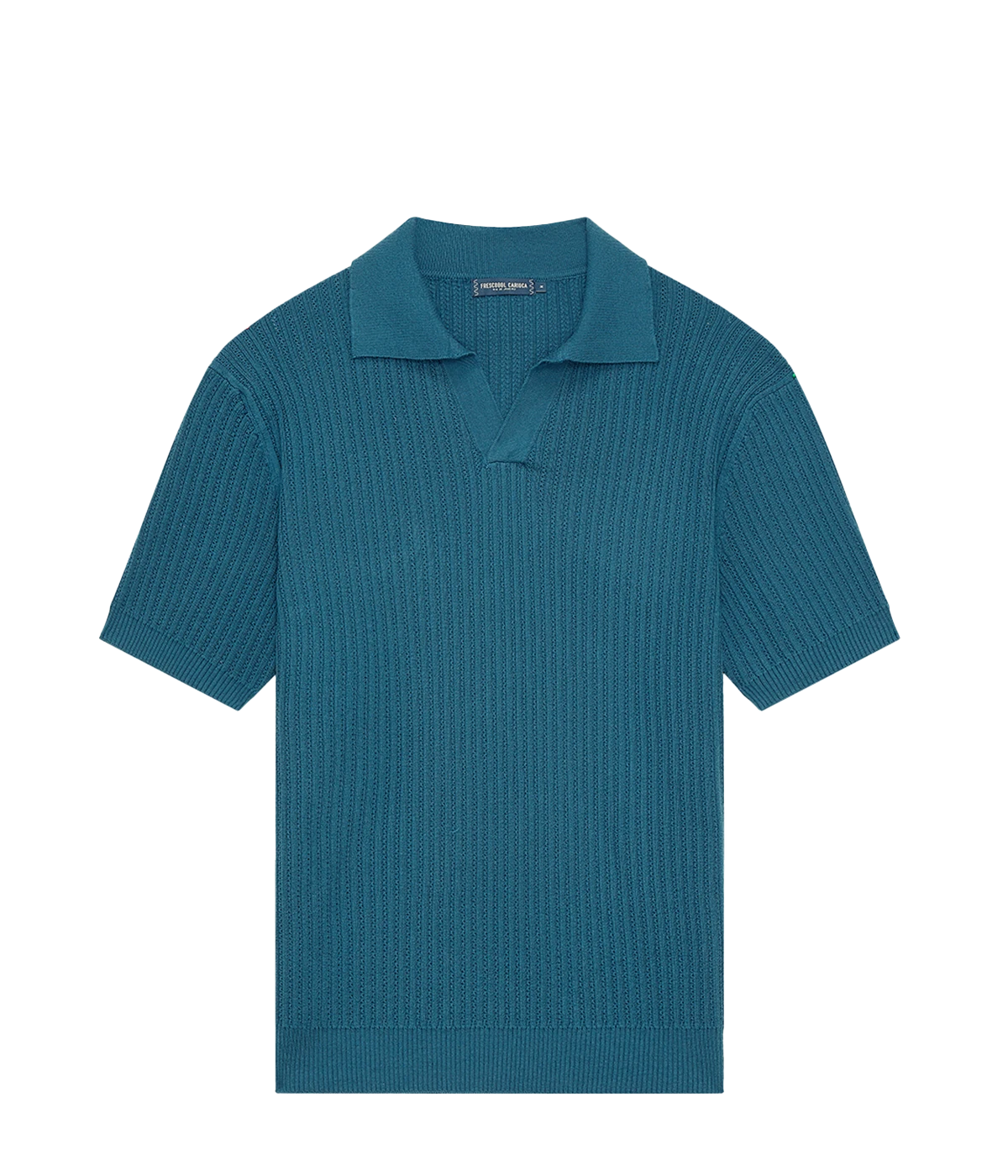 Ribbed knit teal polo with chain stitching, open collar with a half-placket by Frescobol Carioca.