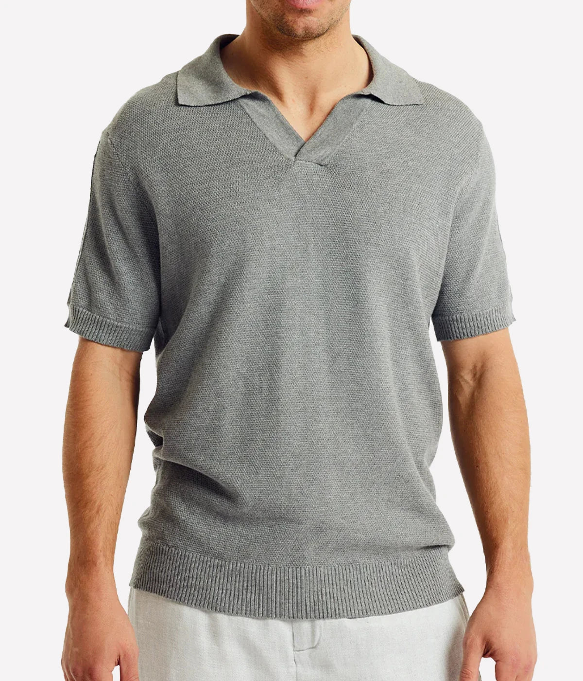 Rino Silk Knit V Polo in Stone Grey