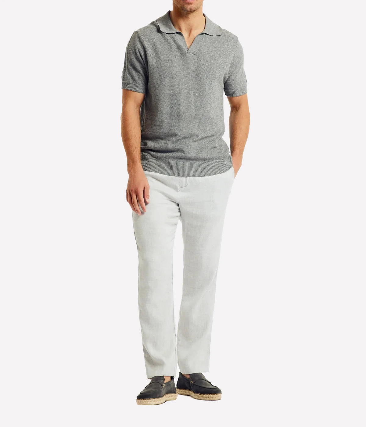 Rino Silk Knit V Polo in Stone Grey