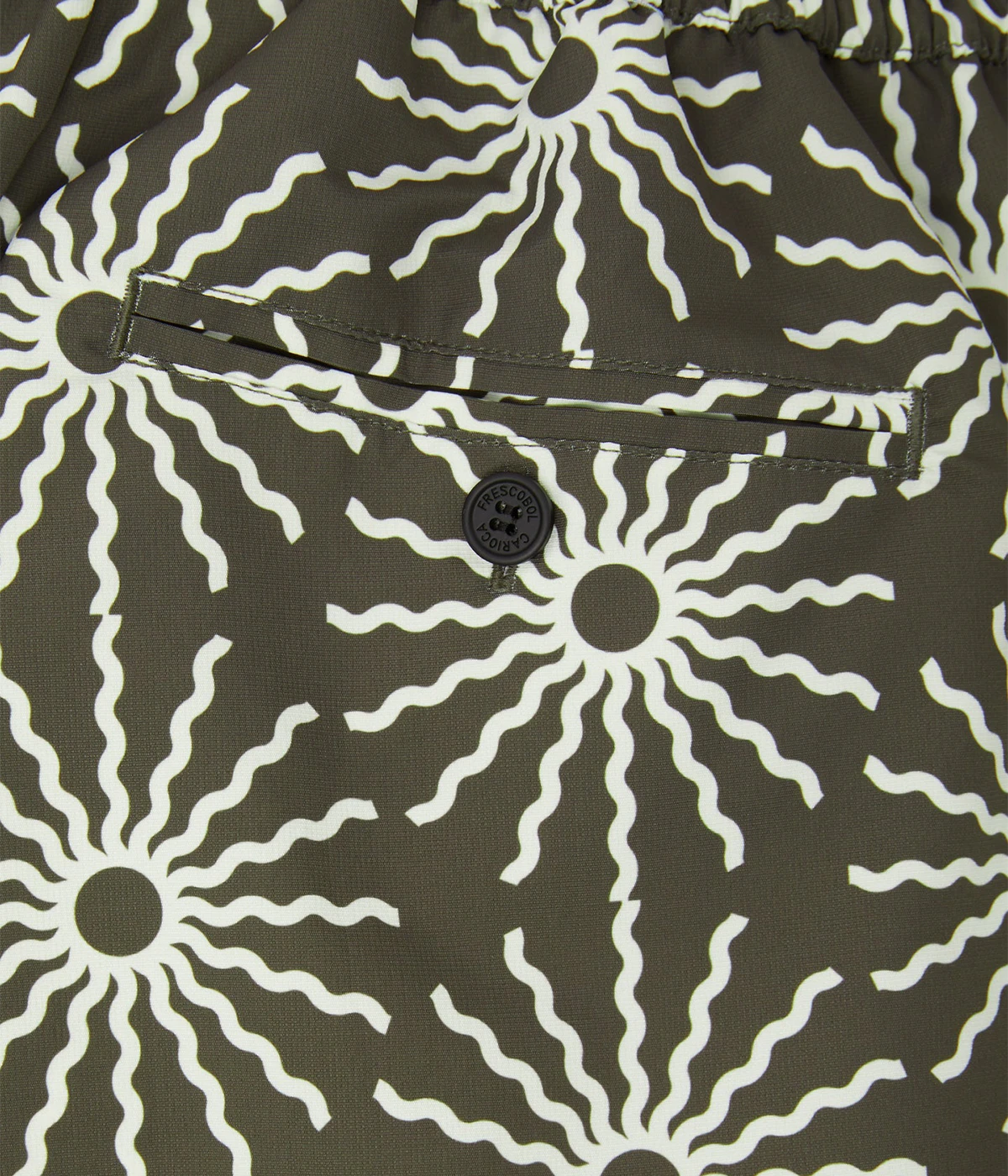 Rio Swim Shorts with sport fit, drawstring waist, branded cord-ends, 100% recycled polyester mesh lining, and back pocket with button-closure. Featuring bespoke O Sol motif.