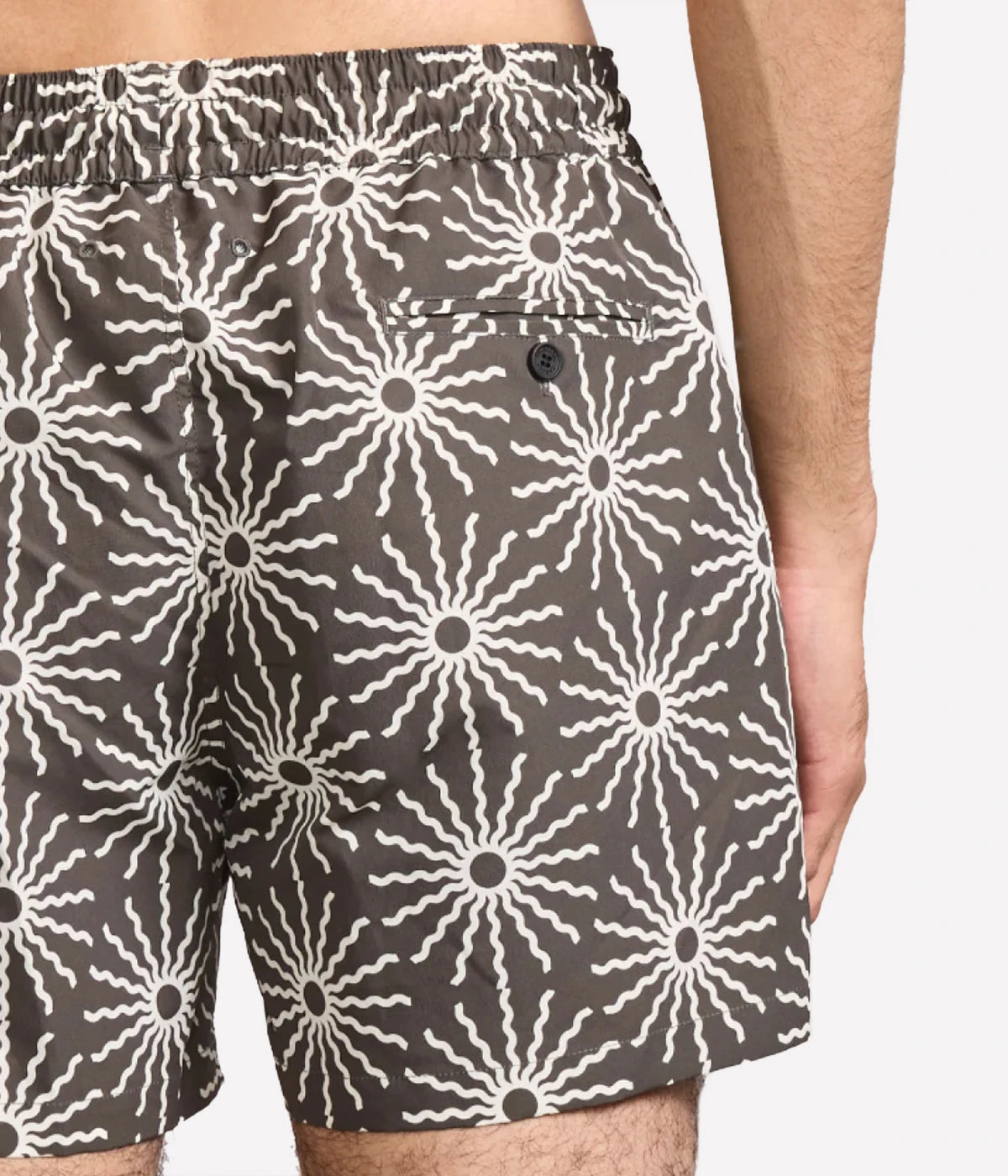 Rio Swim Shorts with sport fit, drawstring waist, branded cord-ends, 100% recycled polyester mesh lining, and back pocket with button-closure. Featuring bespoke O Sol motif.