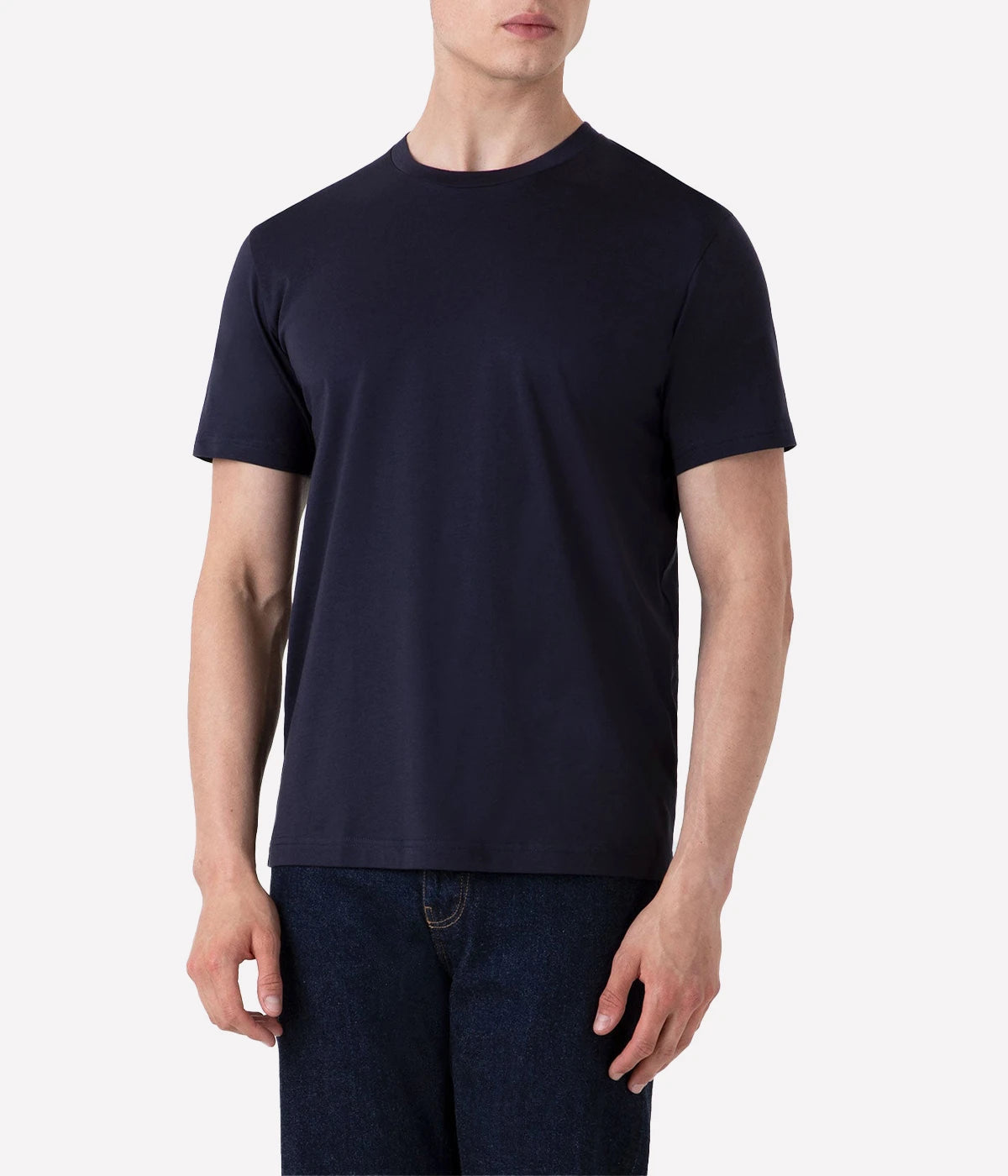 Front view of the Sunspel Riviera T-Shirt, originally designed for Daniel Craig in Casino Royale. Crafted from luxurious midweight cotton, the T-shirt features a classic crew neck and tailored fit, offering a smooth and durable feel perfect for transitional seasons.