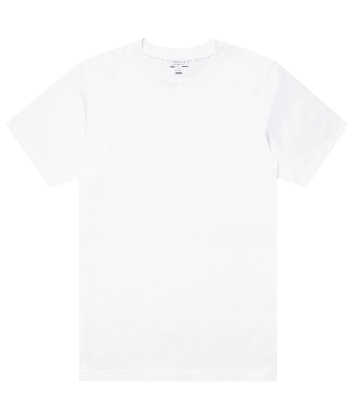 Front view of the Sunspel Riviera T-Shirt, originally designed for Daniel Craig in Casino Royale. Crafted from luxurious midweight cotton, the T-shirt features a classic crew neck and tailored fit, offering a smooth and durable feel perfect for transitional seasons.