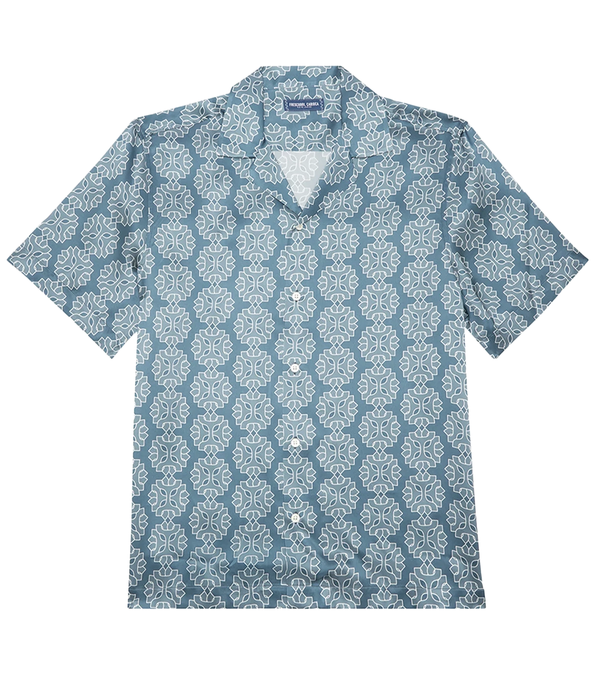 Roberto Medalhao Print Silk Short Sleeve Shirt in Summer Nights & Cloud Blue