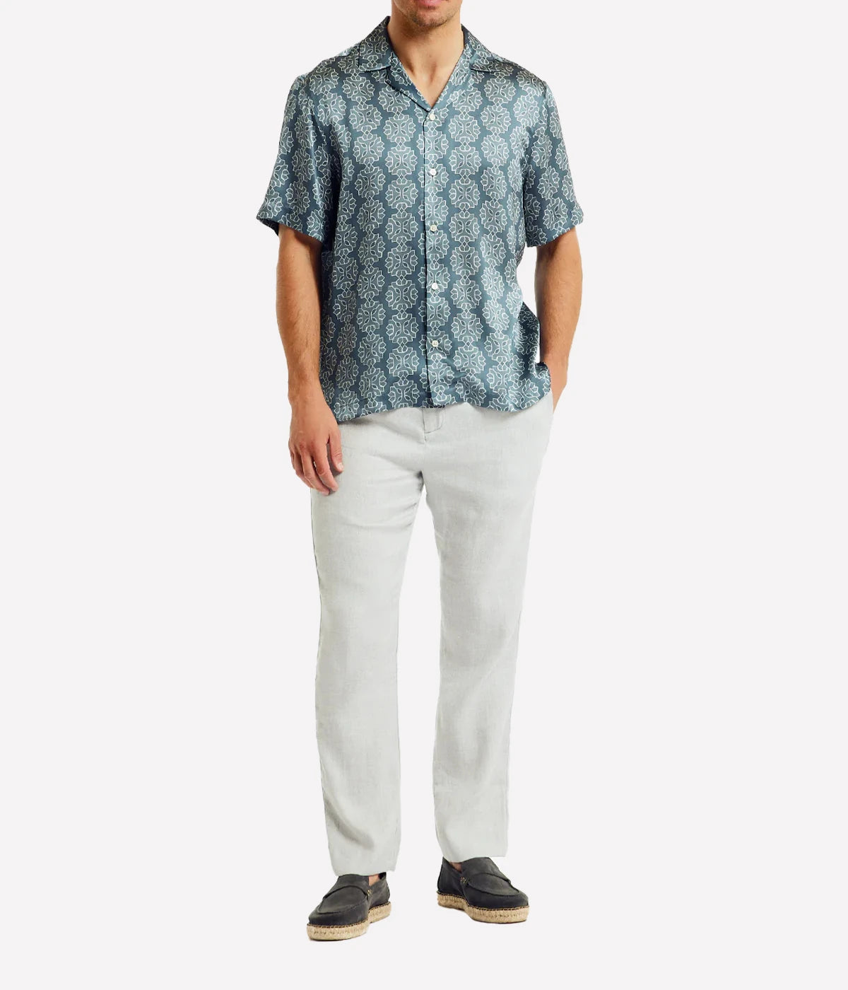 Roberto Medalhao Print Silk Short Sleeve Shirt in Summer Nights & Cloud Blue