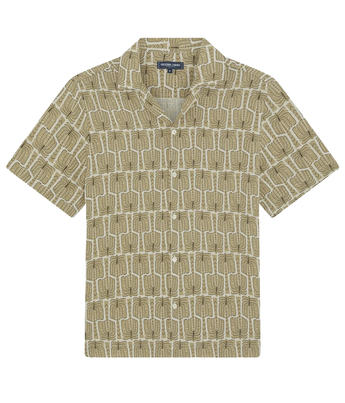 Roberto linen shirt with camp collar, imitation mother-of-pearl branded buttons, relaxed fit, and all-over custom Palmeira print inspired by Rio.