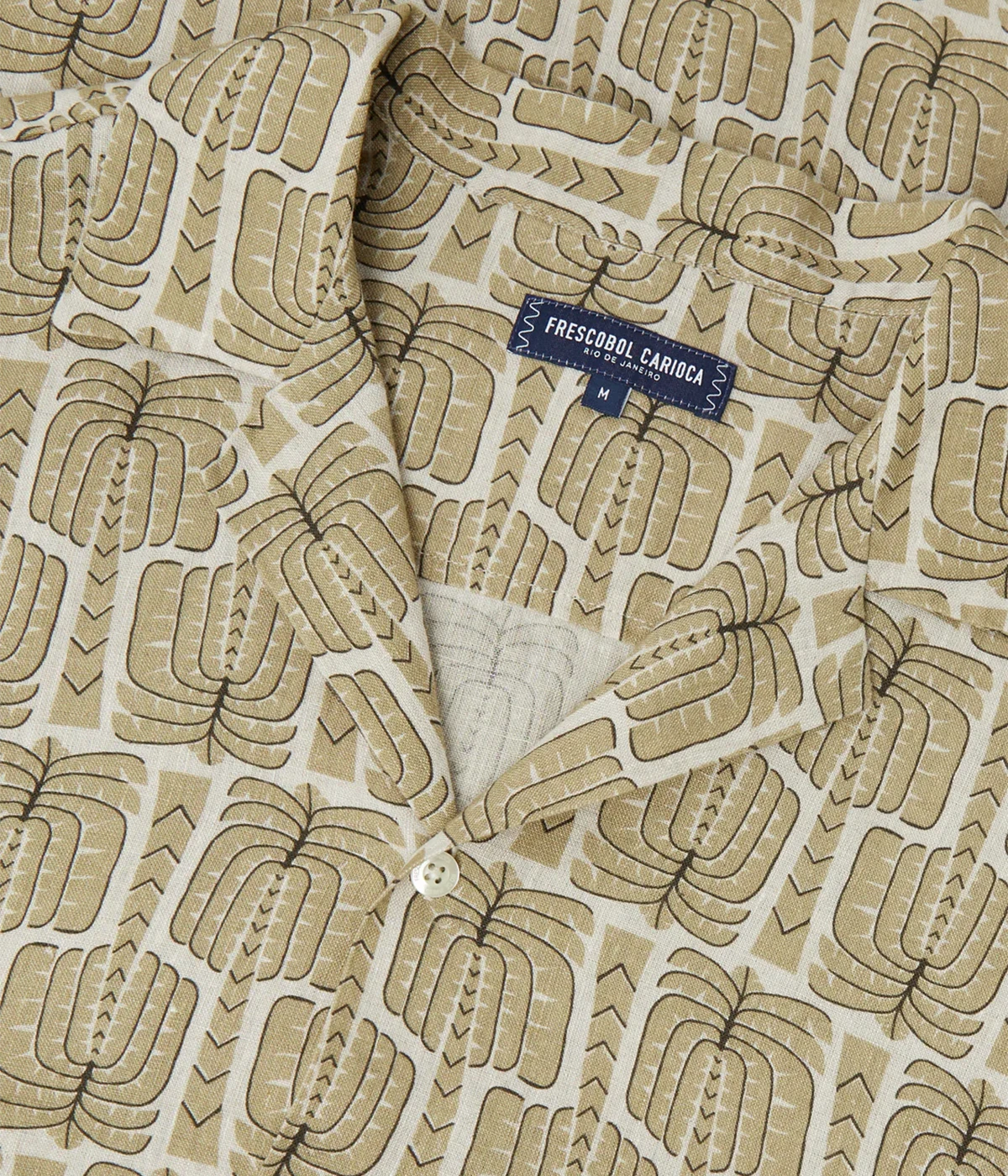 Roberto linen shirt with camp collar, imitation mother-of-pearl branded buttons, relaxed fit, and all-over custom Palmeira print inspired by Rio.