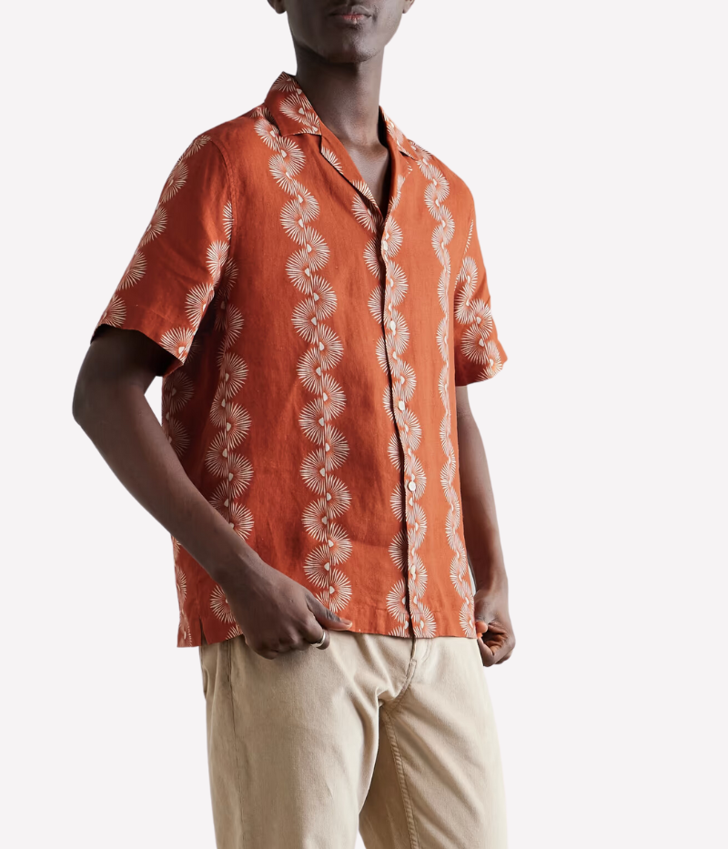 The Roberto Linen Short Sleeve Geo Shirt in Burnt Orange features a modern geometric pattern and lightweight linen fabric. With a relaxed fit and short sleeves, this shirt is perfect for warm weather, offering breathability and versatility for casual or dressier occasions. Style with tailored shorts or chinos for a refined summer look.