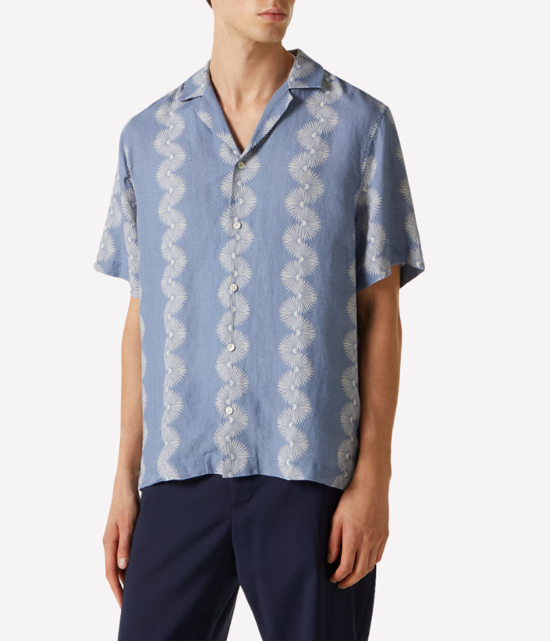 The Roberto Linen Short Sleeve Geo Shirt in Denim Blue features a modern geometric pattern and lightweight linen fabric. With a relaxed fit and short sleeves, this shirt is perfect for warm weather, offering breathability and versatility for casual or dressier occasions.