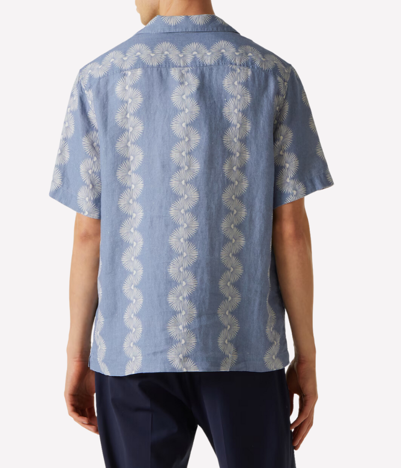The Roberto Linen Short Sleeve Geo Shirt in Denim Blue features a modern geometric pattern and lightweight linen fabric. With a relaxed fit and short sleeves, this shirt is perfect for warm weather, offering breathability and versatility for casual or dressier occasions.